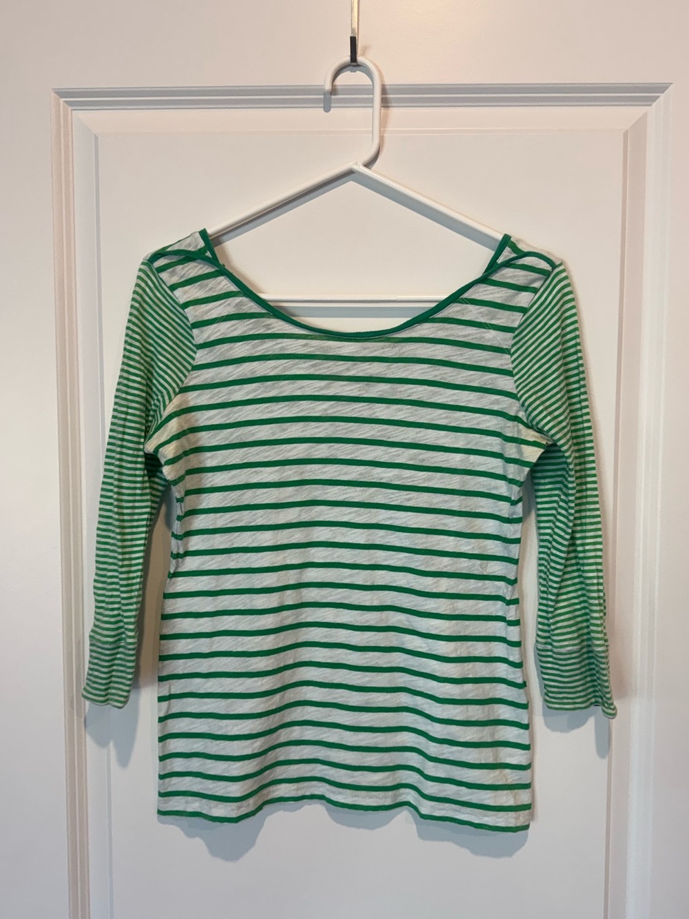 Women’s Green & White Striped Long Sleeve Boatneck Tee